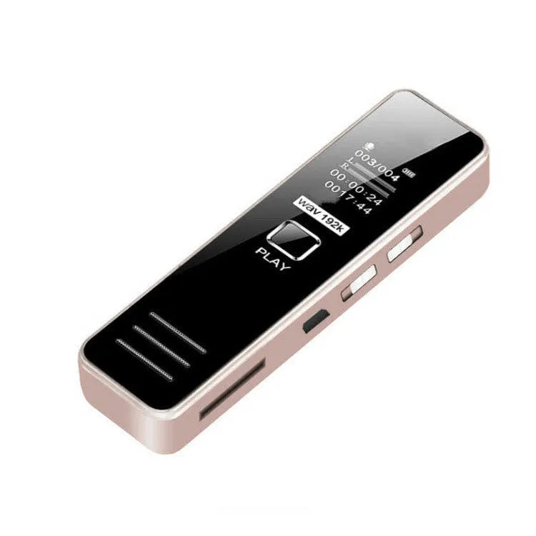 Compact black digital voice recorder with display showing recording time