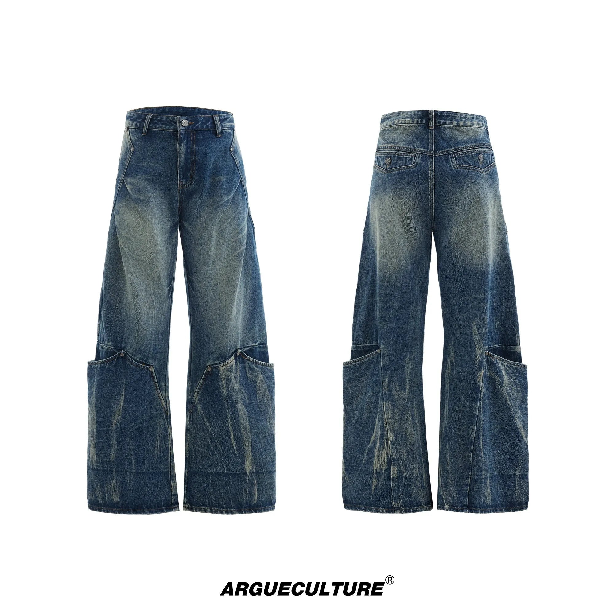 Men's retro washed burst pattern curved knife jeans in verdant blue with loose fit