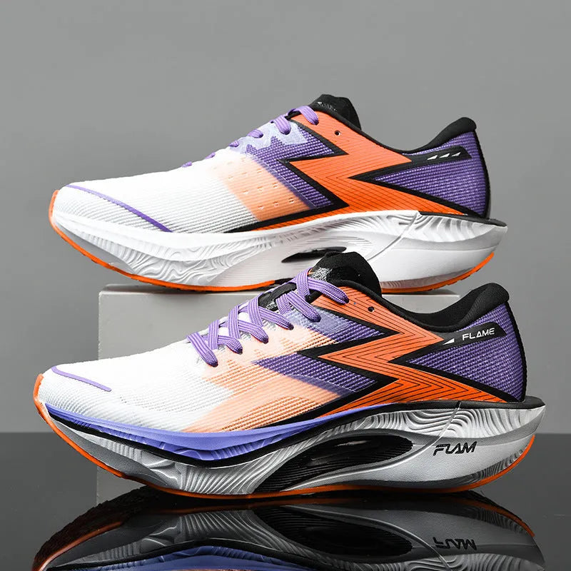 Marathon full palm carbon plate racing running shoes in multiple colours on a white background