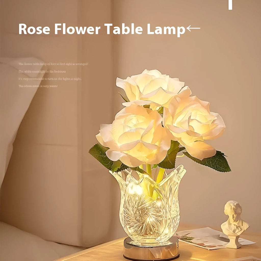 Crystal flowers decorative table lamp with touch controls and rechargeable battery for cordless placement