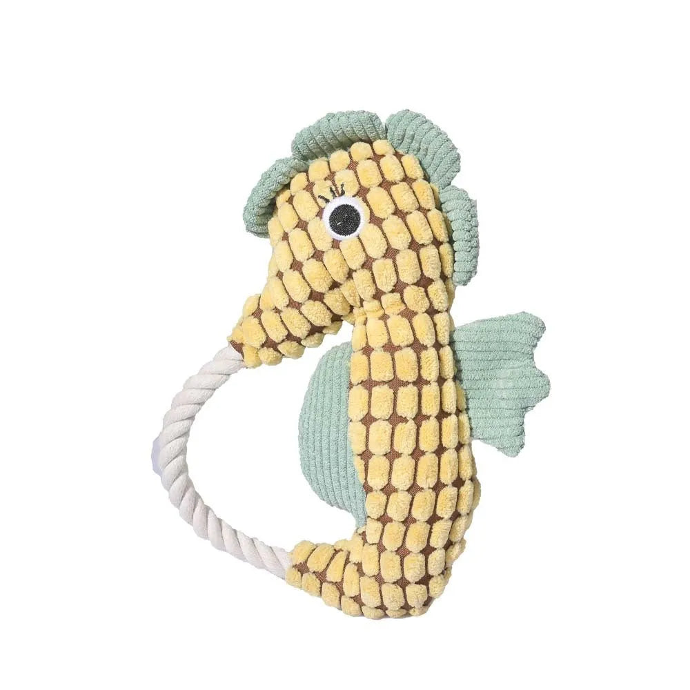 Pineapple velvet molar pet toy in green seahorse design with plush texture and squeaker, 16.5x23.5cm