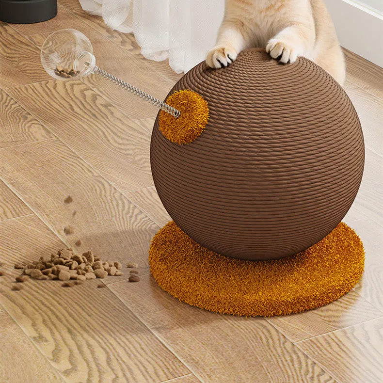 Cat scratch board with hemp rope surface shown with a cat grasping ball accessory