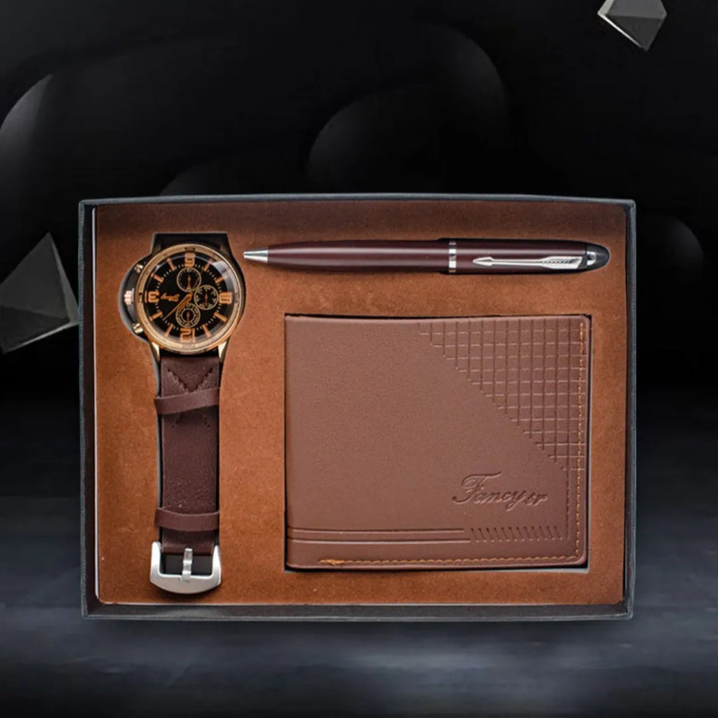 Creative holiday gift set showing wallet, pen, and watch in a brown and black modern gift box.