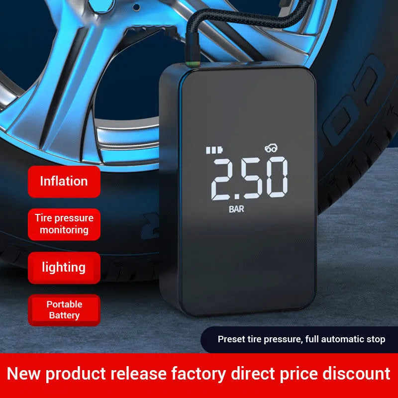 Black digital display wireless tyre inflator with LED light showing pressure reading on screen