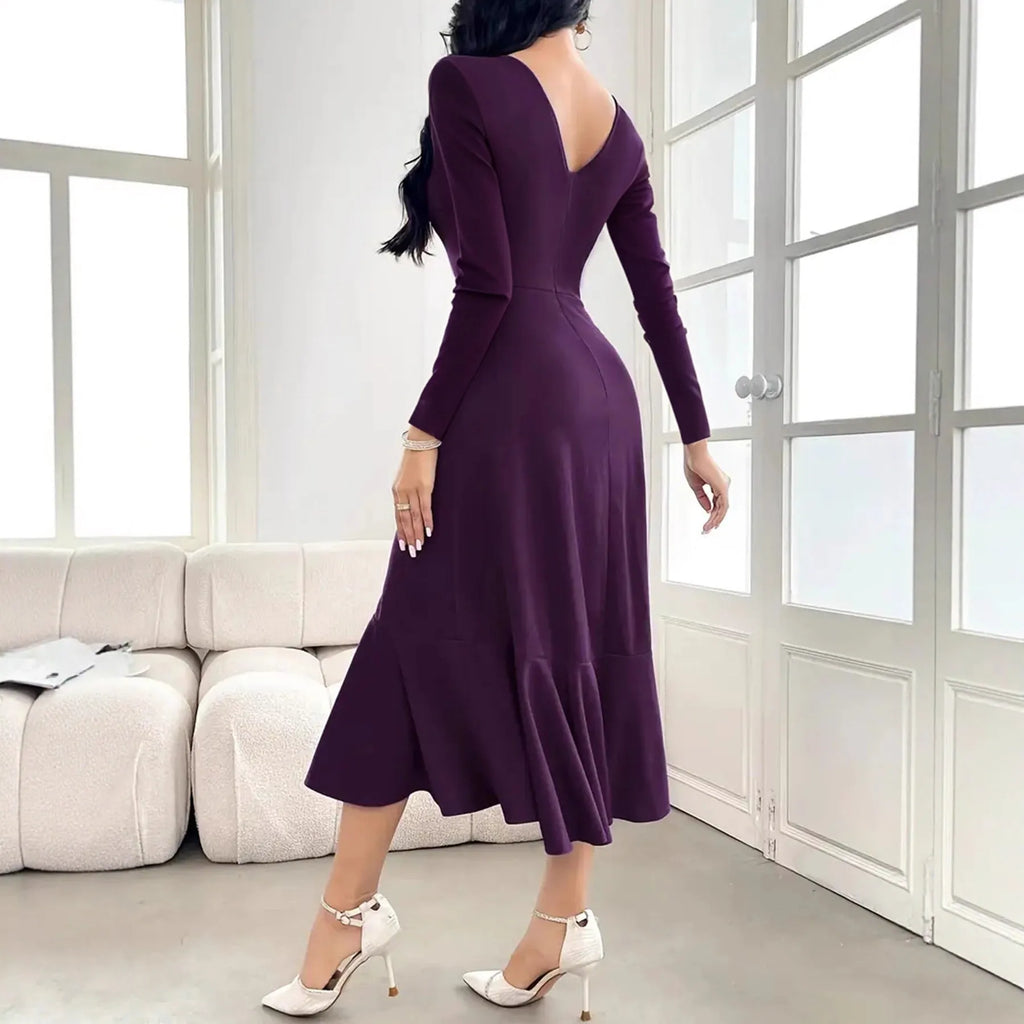 Purple women's long sleeve round neck dress with mid-waist and ruffled detailing.