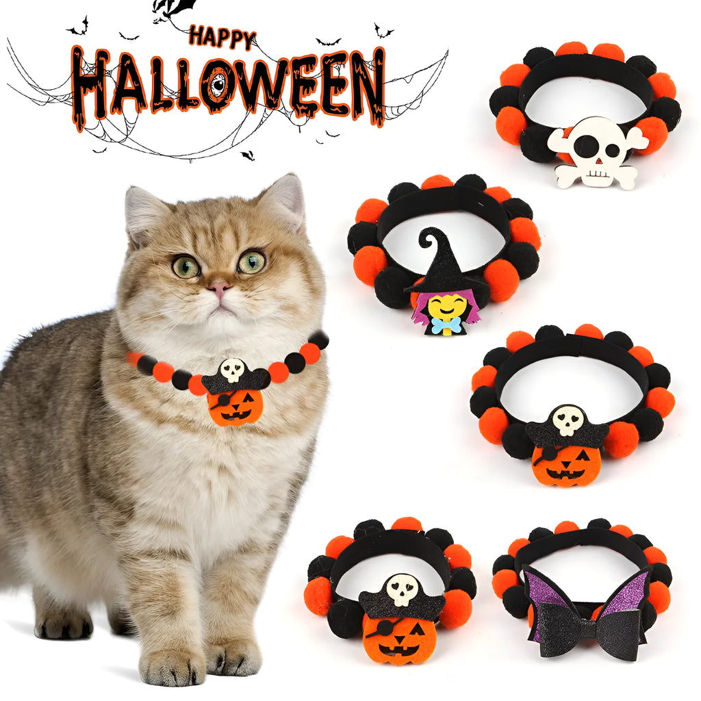 Halloween pet collar with fur ball decoration in pumpkin, pirate, bow, skull and witch designs