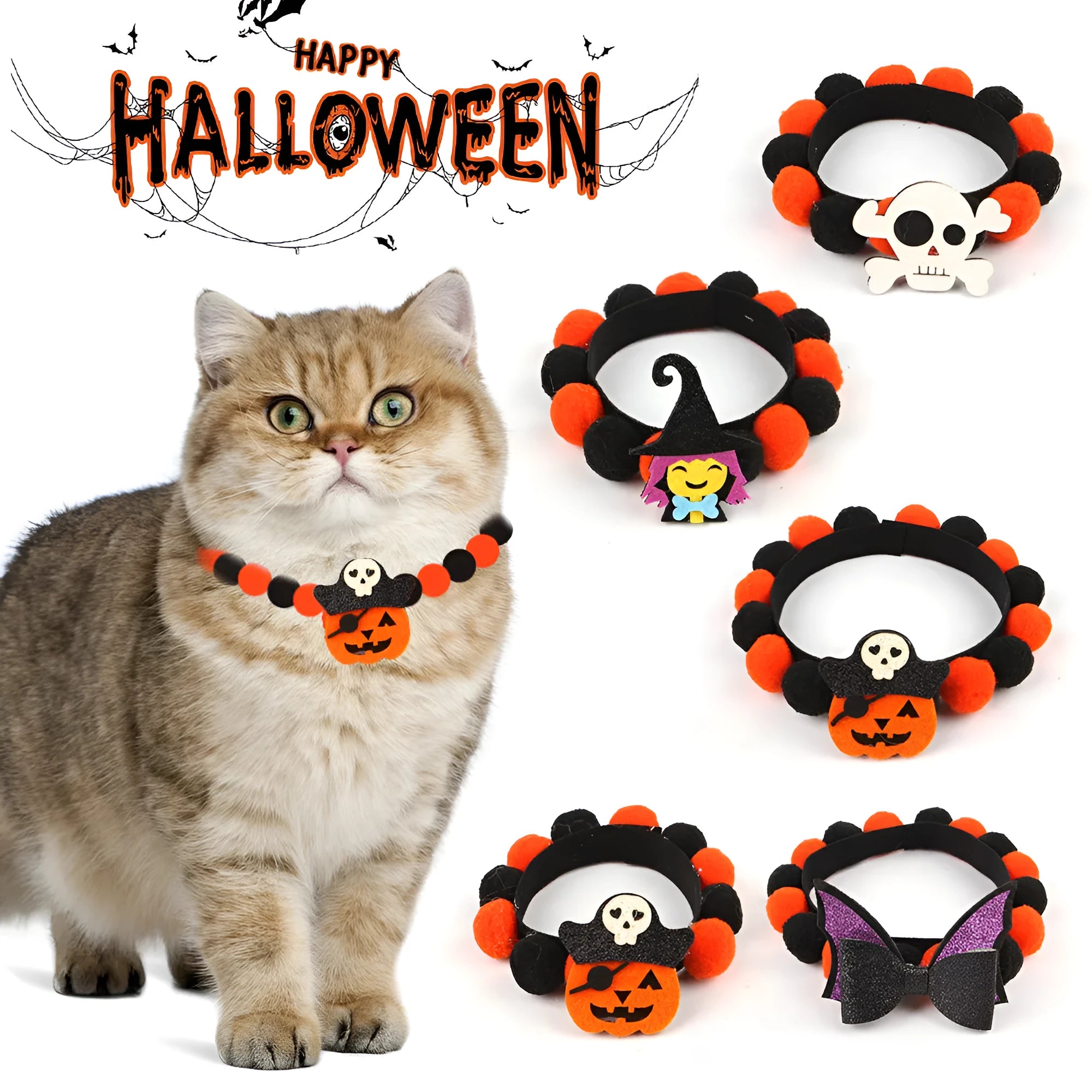 Halloween pet collar with fur ball decoration in pumpkin, pirate, bow, skull and witch designs