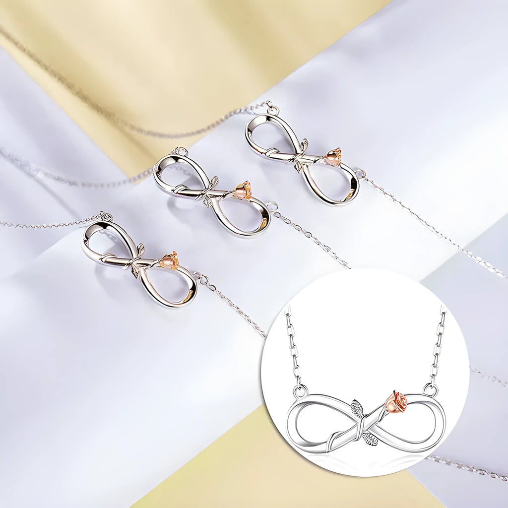 Double Fair S925 silver infinity symbol rose necklace on adjustable chain, two colour options