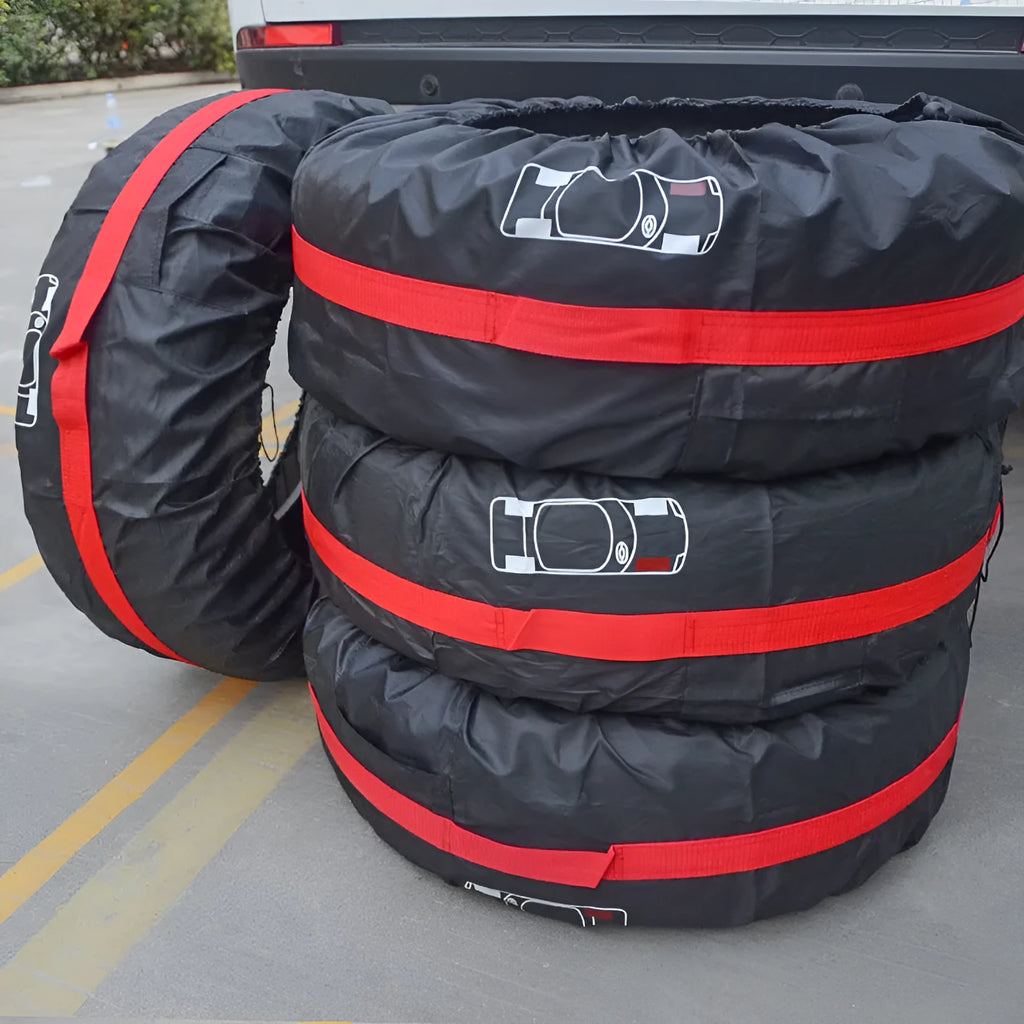 Four oxford cloth car tyre protective covers showing black belt style and red belt style options