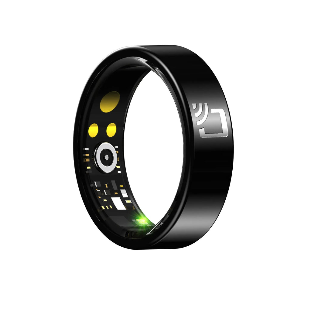 Black ceramic smart ring for health monitoring on a finger, showing a charging case nearby.