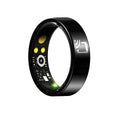 Black ceramic smart ring for health monitoring on a finger, showing a charging case nearby.