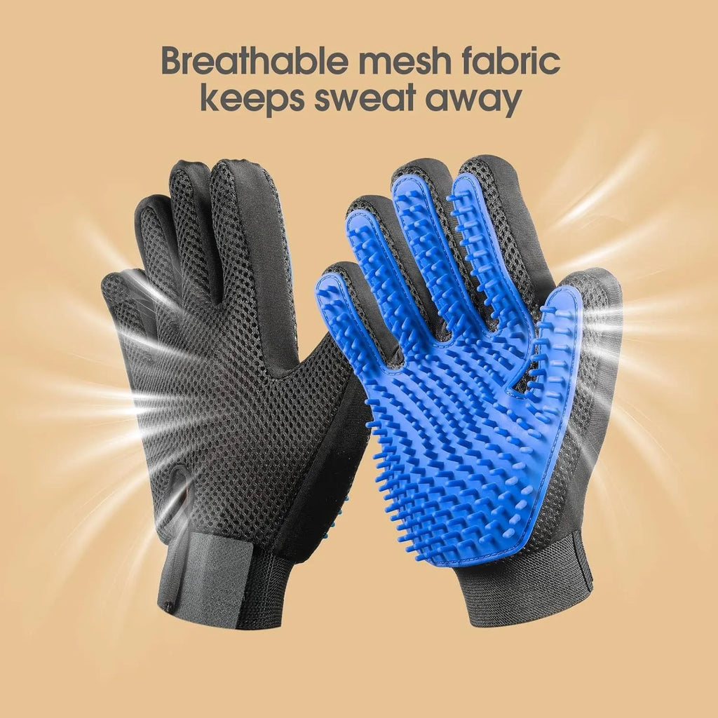 Blue pet grooming gloves with silicone tips for dog and cat hair removal