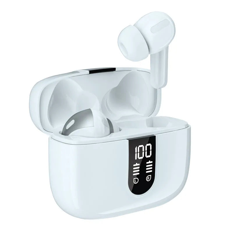 Jerry X08 wireless Bluetooth headset with digital display charging case in black, grey, or white colour