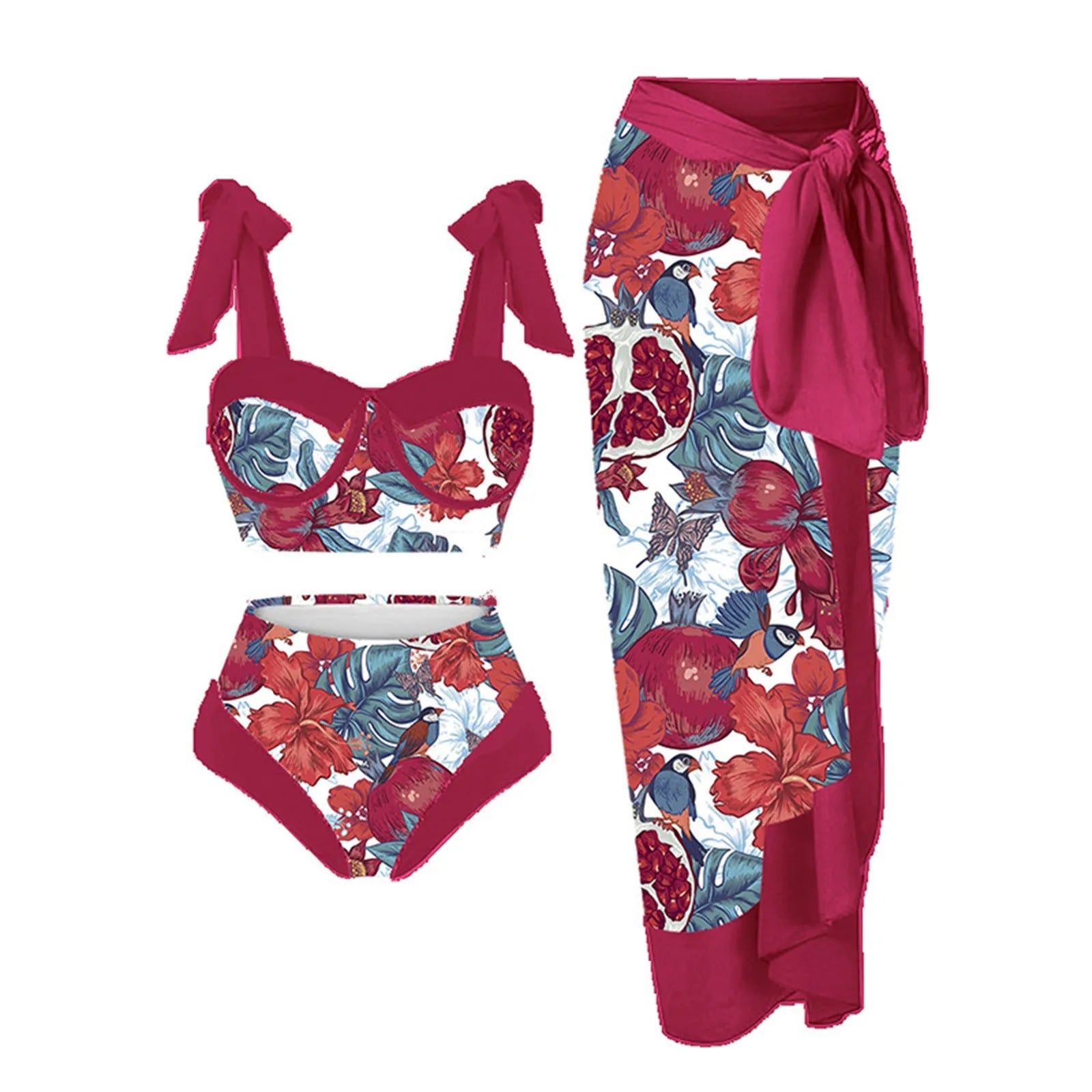 Women's printing split swimsuit three-piece set in polyester fabric showing skirt, bra, and panties components
