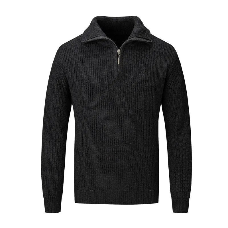 Man wearing a solid-colour slim-fit pullover sweater in a casual setting.