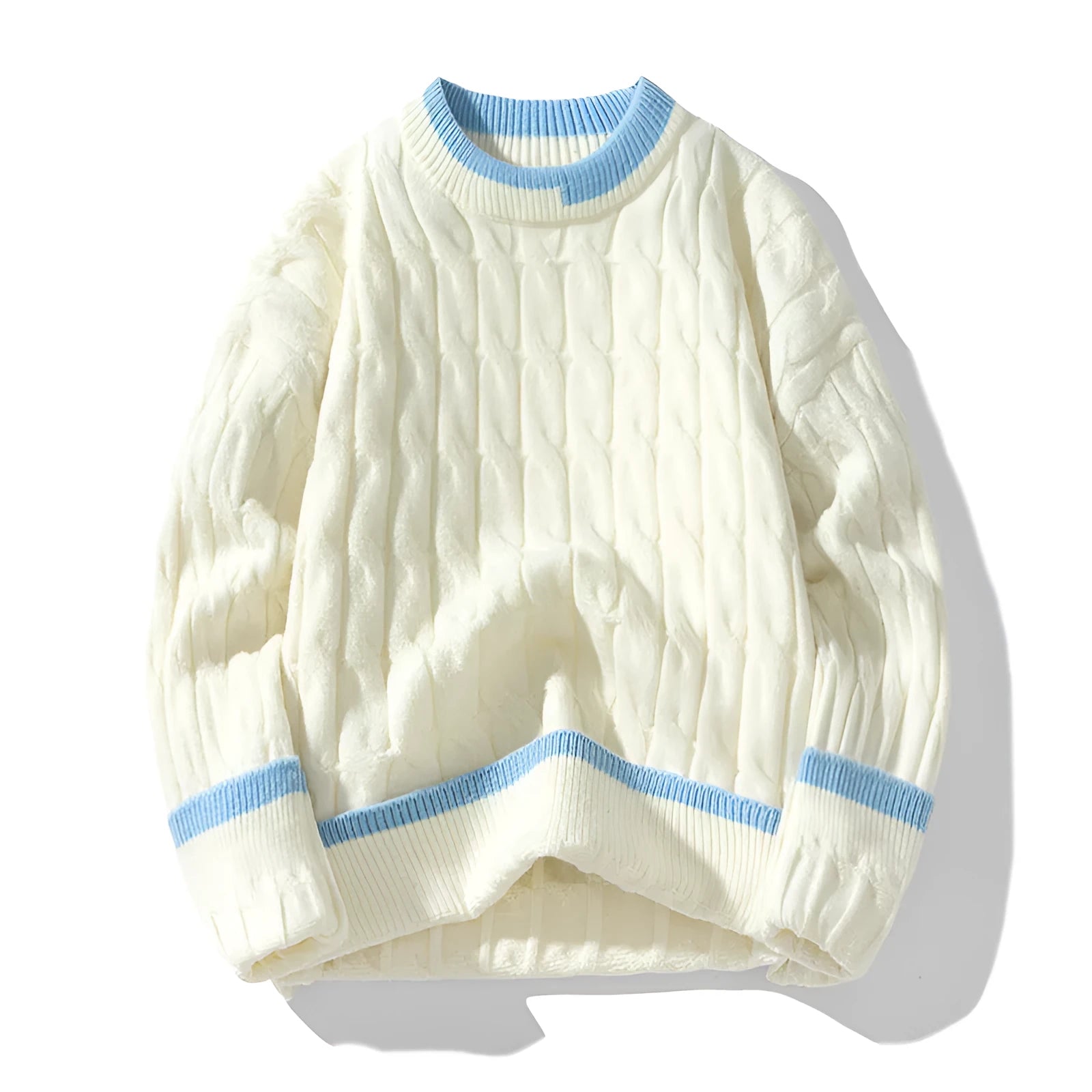 Men's loose fit grey pullover sweater with long sleeves on a neutral background.
