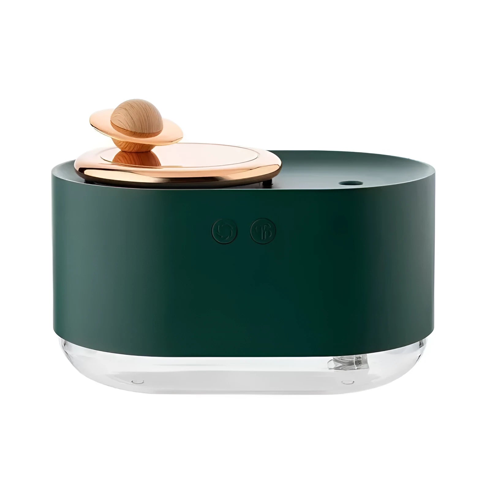 Green rotating planet-shaped USB humidifier with night light on a wooden desk.