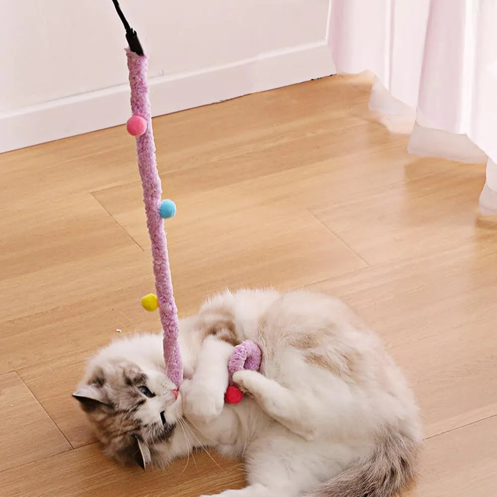 Blue cat teaser wand with a long plush strip and fluffy bell toy on a 41cm pole.