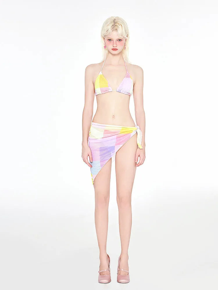 Rainbow pink women's triangle bikini swimsuit three piece set with wireless cups