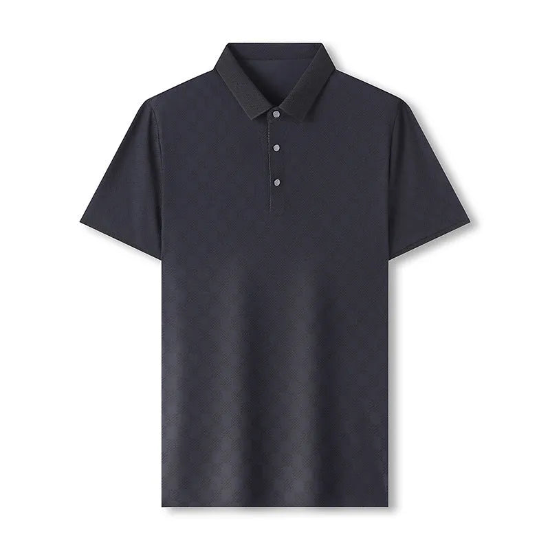 Rhombus thin ice silk short sleeve t-shirt in black on a hanger, showing slit hem detail.