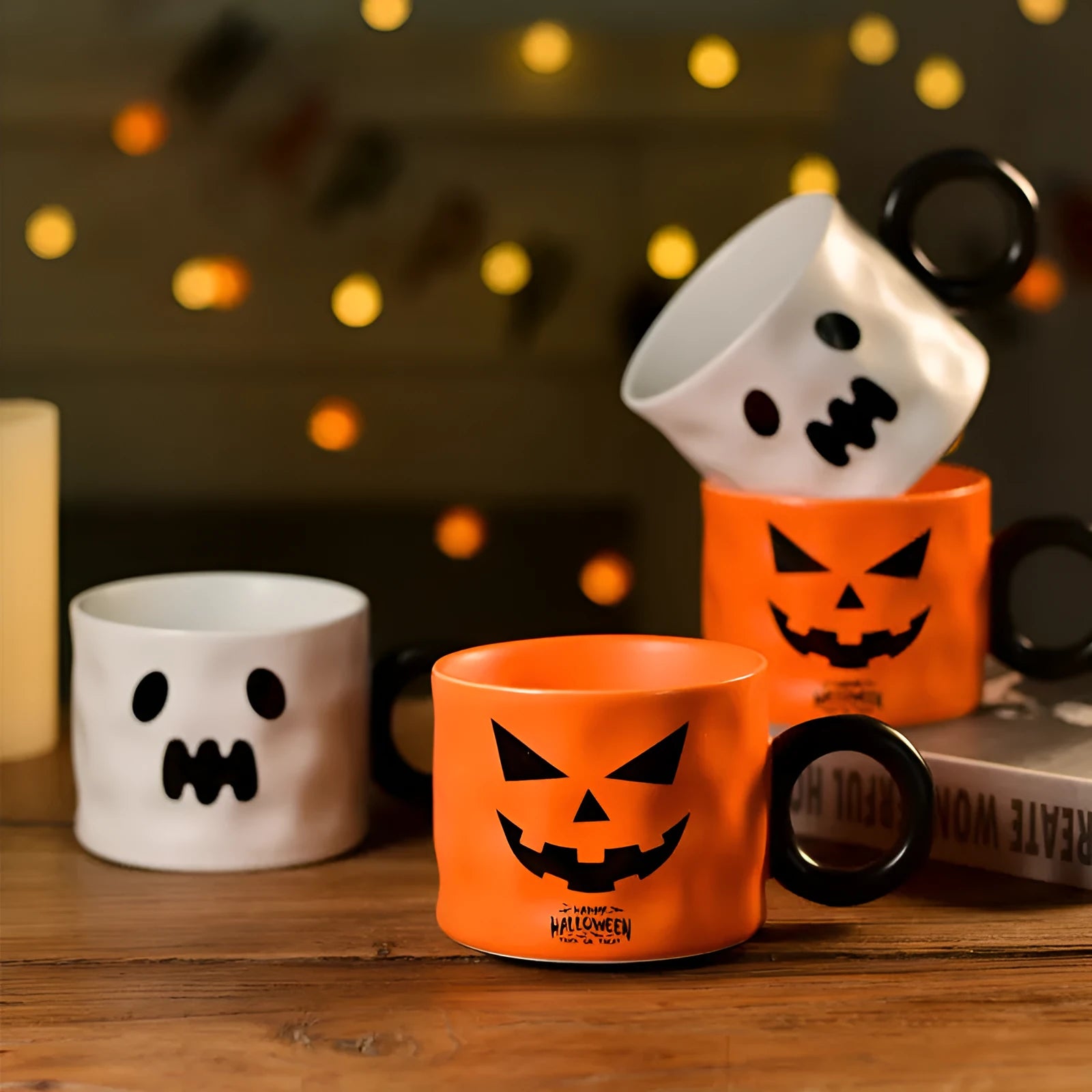 Orange ceramic Halloween pumpkin mug with handle and gift box.