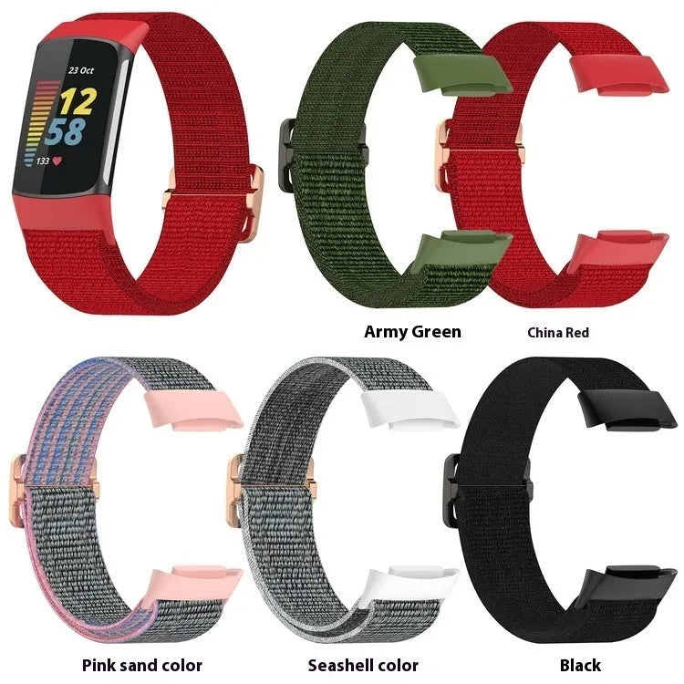 Elastic nylon woven canvas watch band for Fitbit Charge 5 or 6 in Seashell colour on a white background