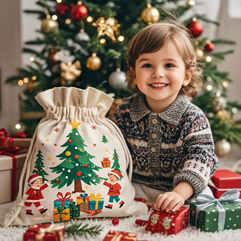 Extra-large Christmas gift bag in red canvas with Santa Claus string closure, 48cm by 65cm
