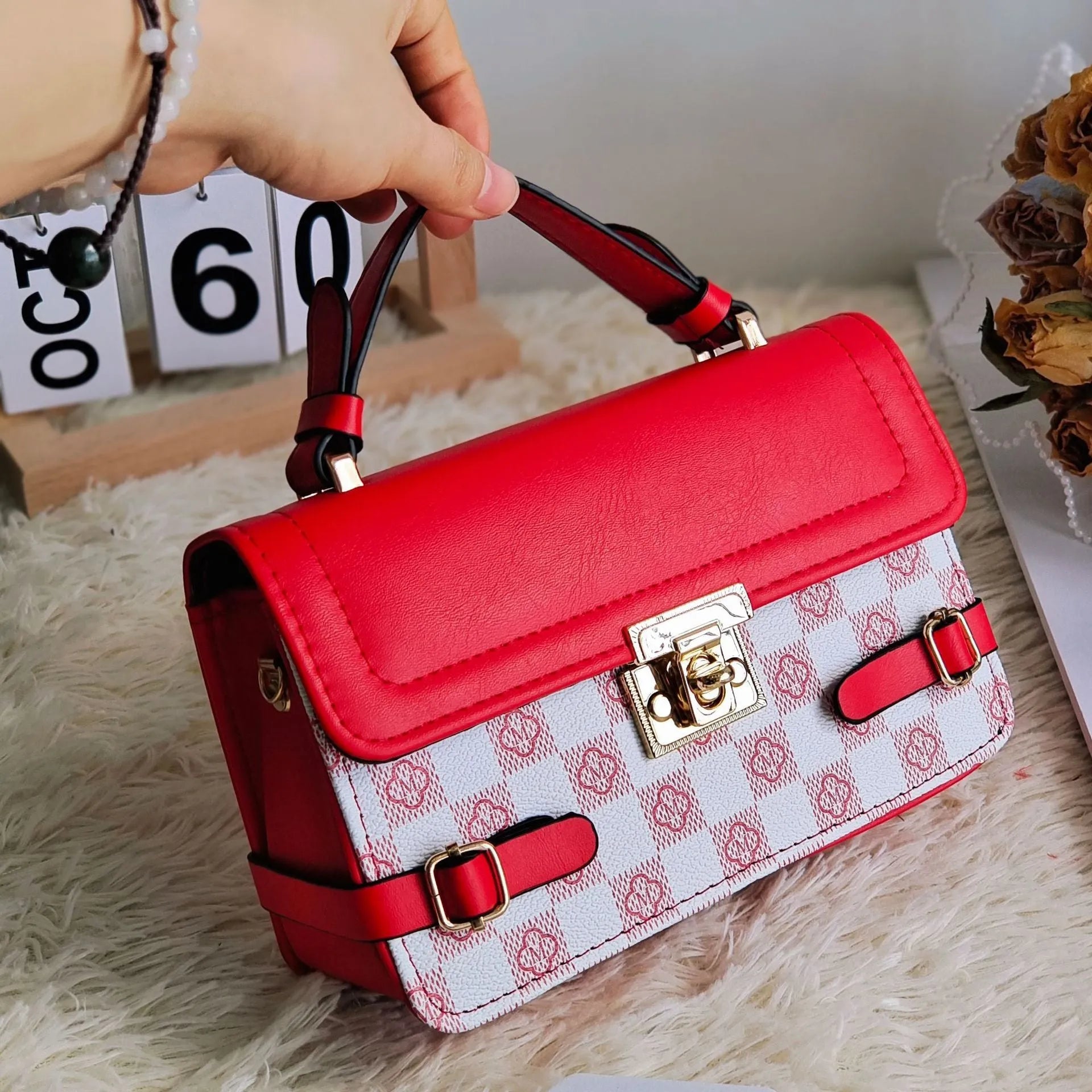 Retro ethnic pattern square crossbody bag in PU shown in apricot colour, featuring floral and plaid details.