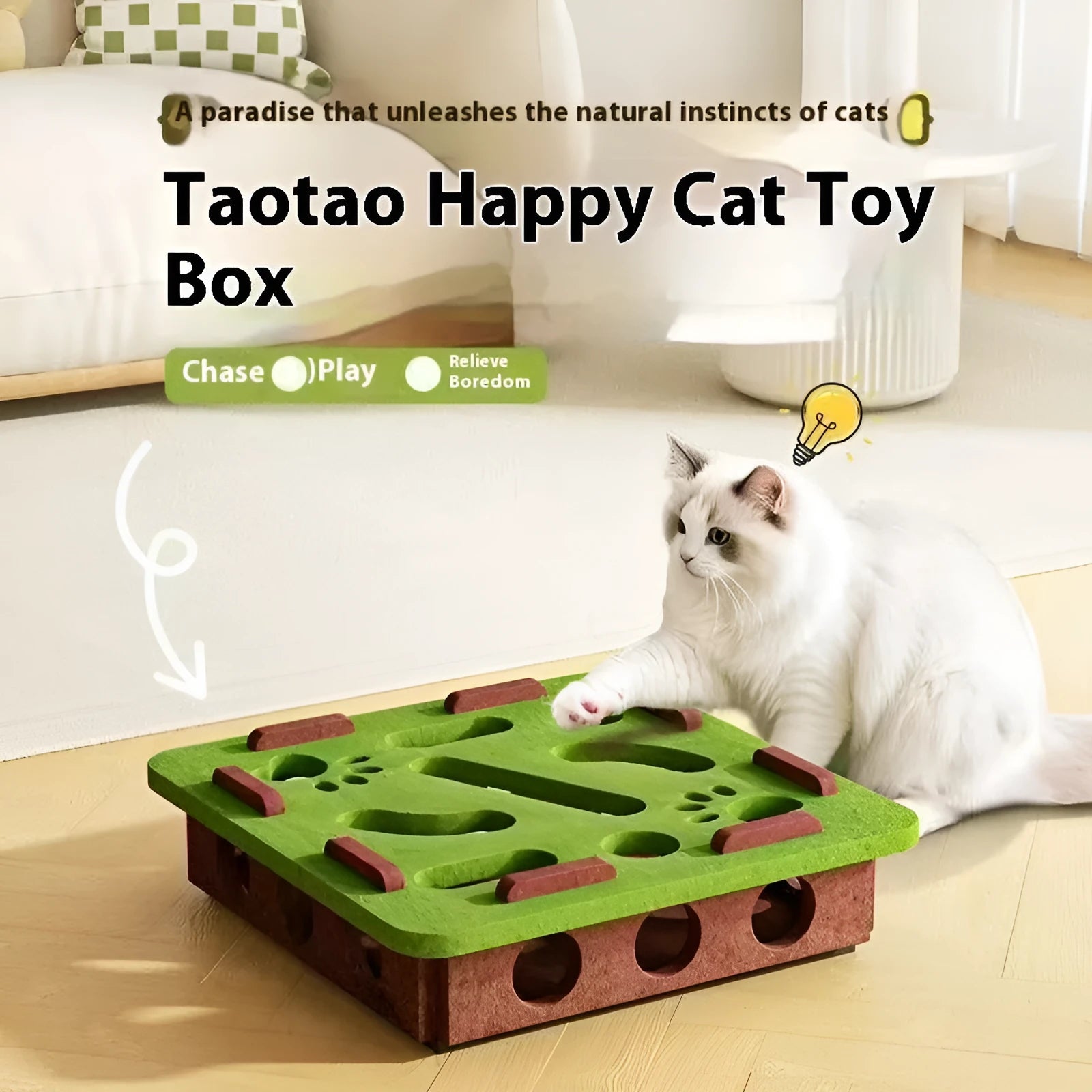 Handmade soft felt cat scratch toy box in green brown colour, measuring 30cm square.