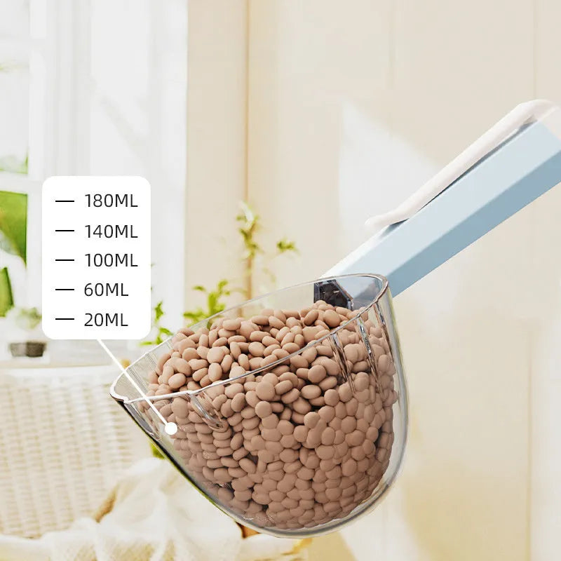 Pet food spoon with clip attachment in blue, coffee, pink, and red colour options for hygienic dog and cat feeding