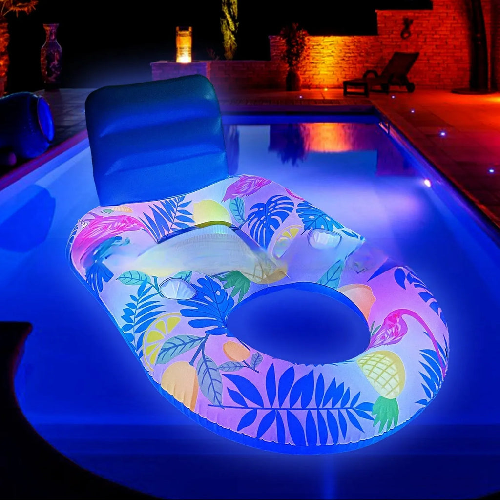 Inflatable luminous floating bed with backrest in swimming pool, white pineapple style, 140x90x65cm dimensions