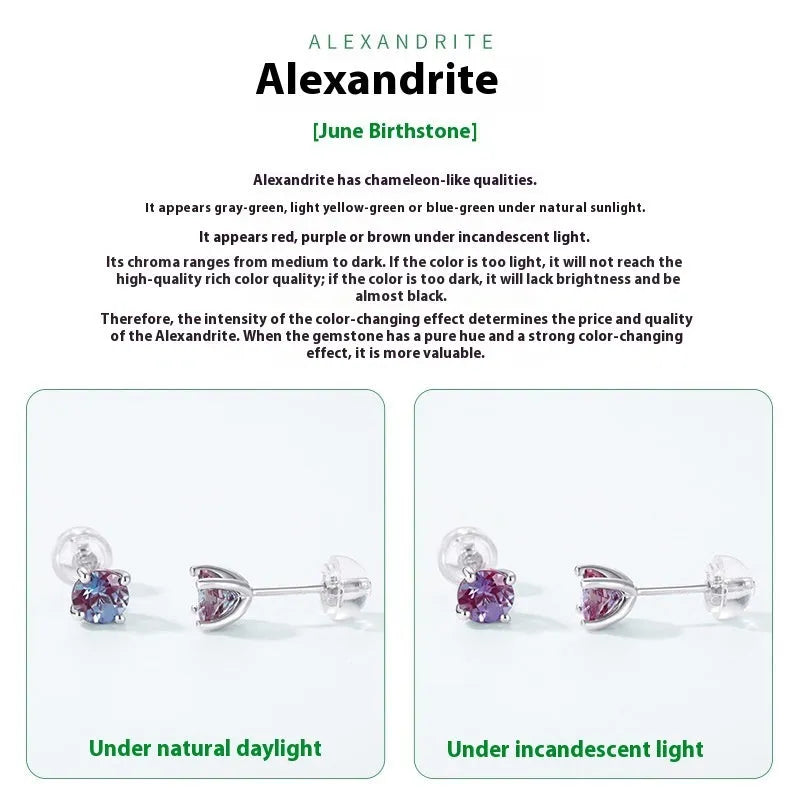Simple geometric silver ear studs with a round Cultivate Alexandrite stone.