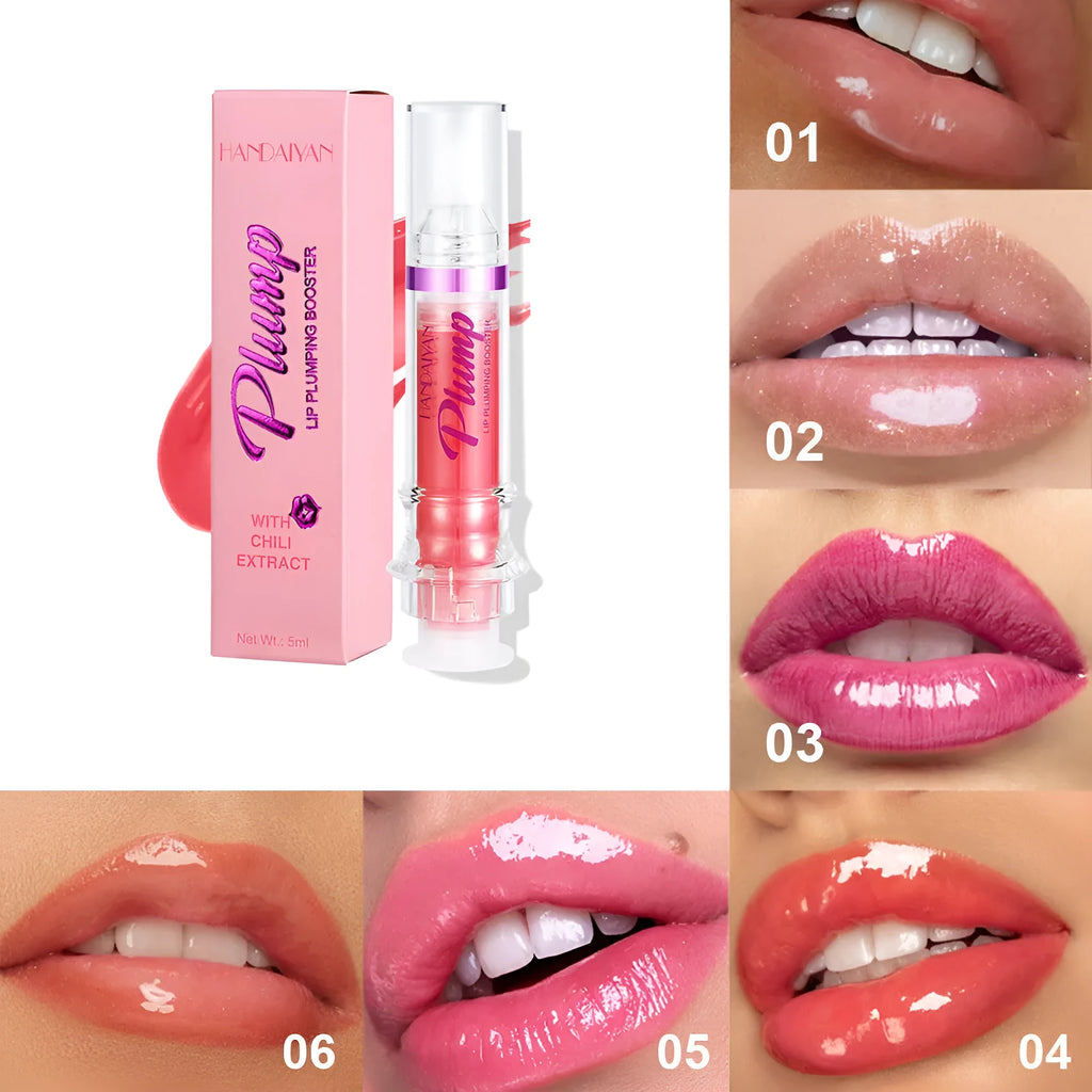 Lip gloss tube with mirror finish showing shiny application on lips