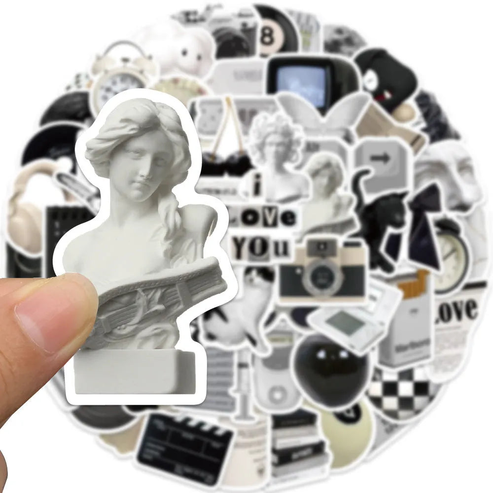 61-piece black and white PVC waterproof sticker pack for laptops and coffee cups