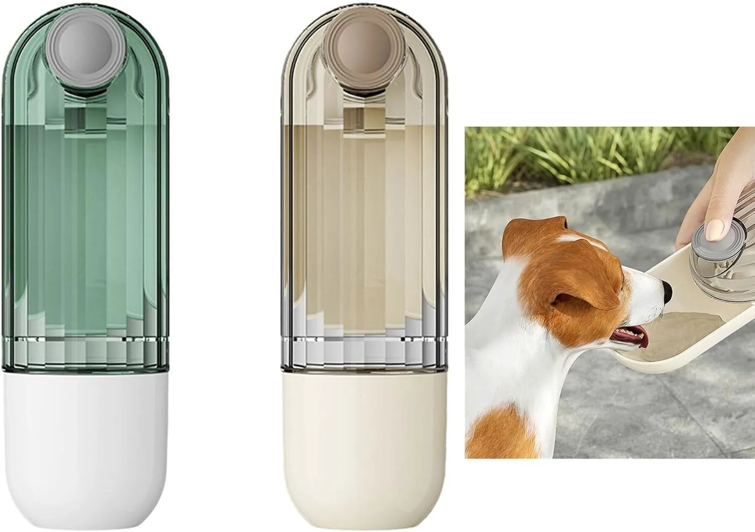 Beige and green foldable leak-proof dog water bottle with food container for outdoor use
