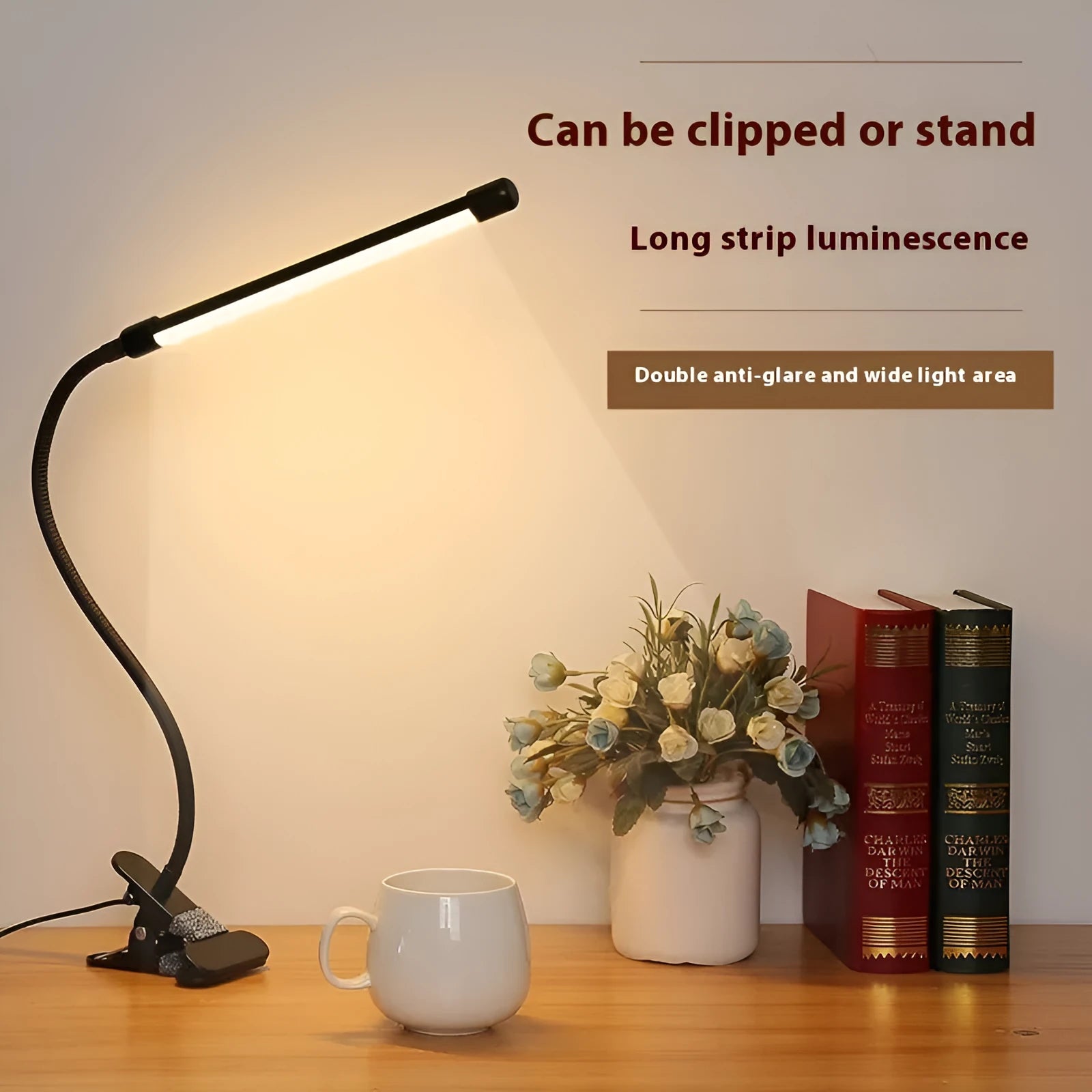 Black and white USB-powered LED desk lamp with 26cm length for student study areas