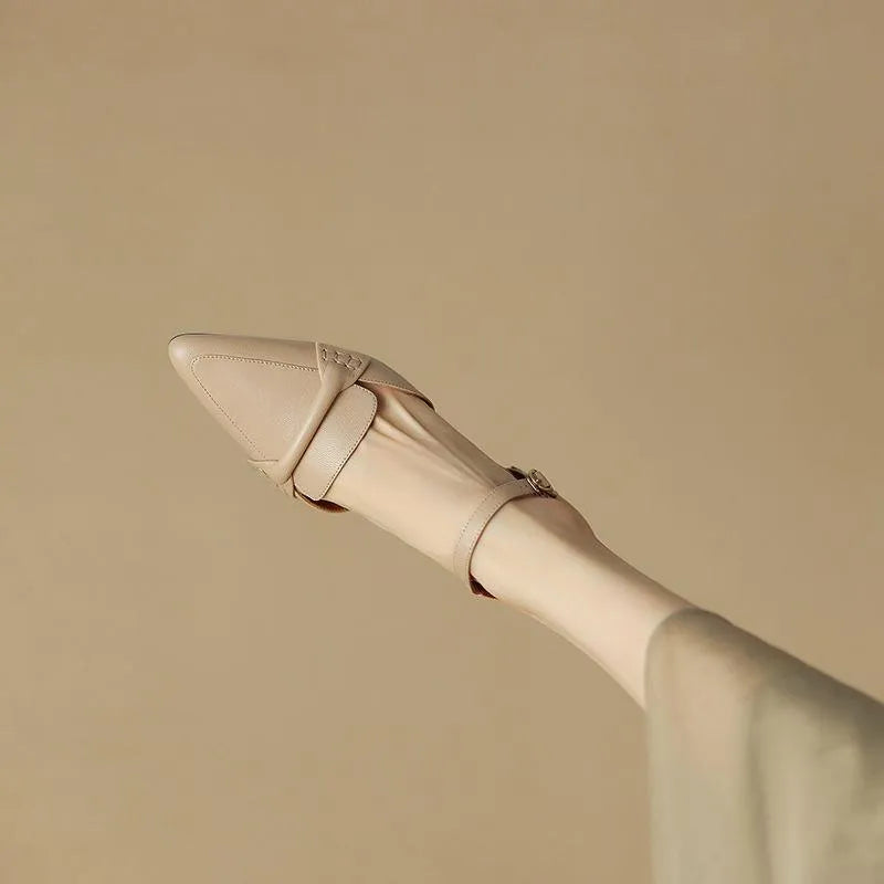 Women's pointed toe chunky heel sandals in apricot sheepskin with closed toe and TPR sole