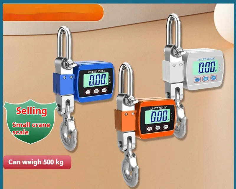 Electronic digital hook scale in blue, showing display and hook, for portable weighing up to 500kg.