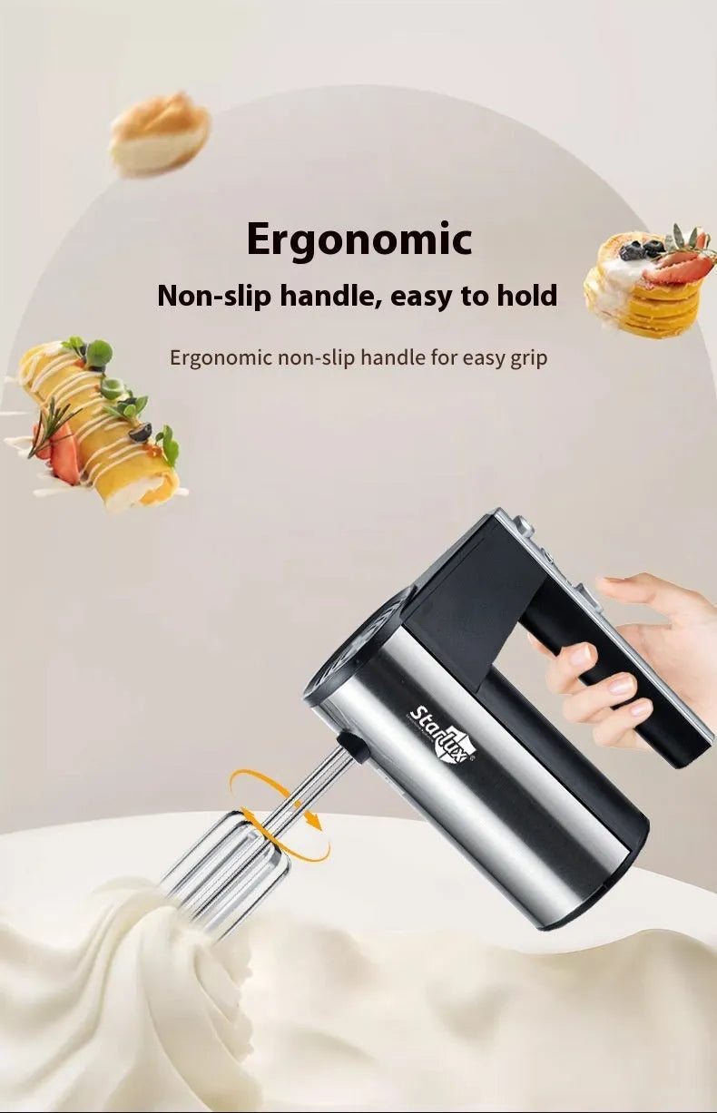 SL-25209 silver handheld electric mixer with beaters on a kitchen counter