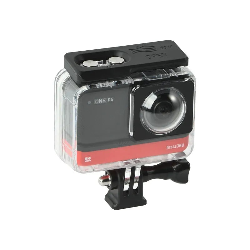 Transparent Insta360 One RS waterproof housing case for underwater camera protection.