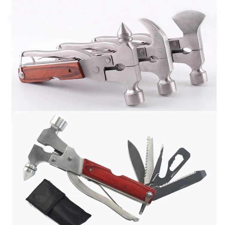 Multi-functional 16-in-1 car safety hammer with three head variants: axe, cone and claw designs