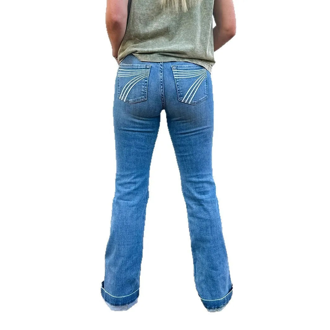 Slim fit elastic mid-waist slightly flared jeans with embroidery detailing in blue, red, or white options