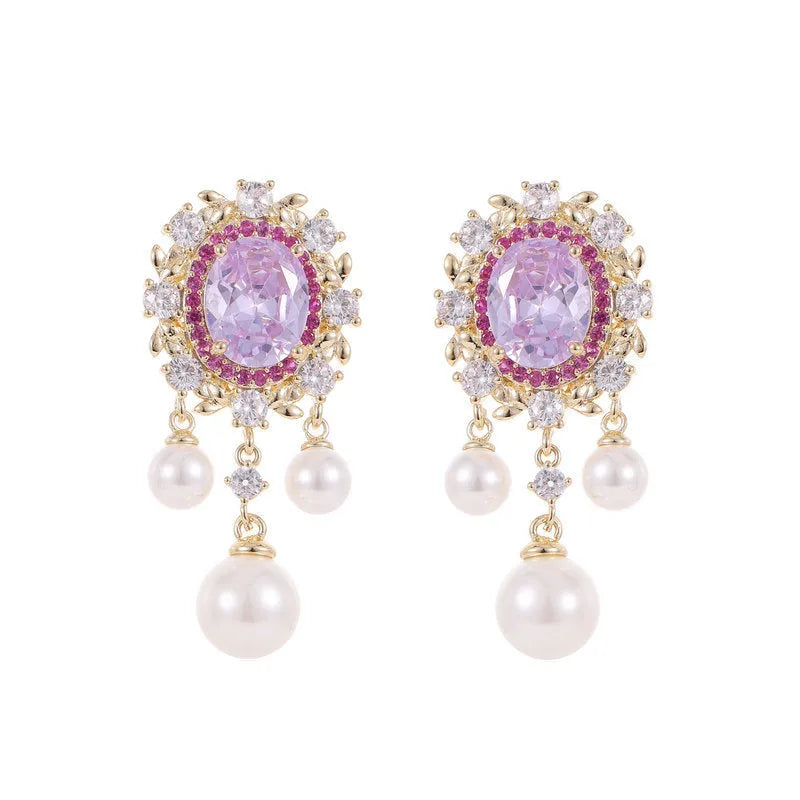 Oval geometric copper earrings with inlaid zircon crystals and pearl tassels in light purple colour