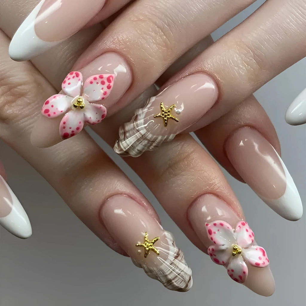 French style fake nails with rock pattern and simple flower design in colour W1764