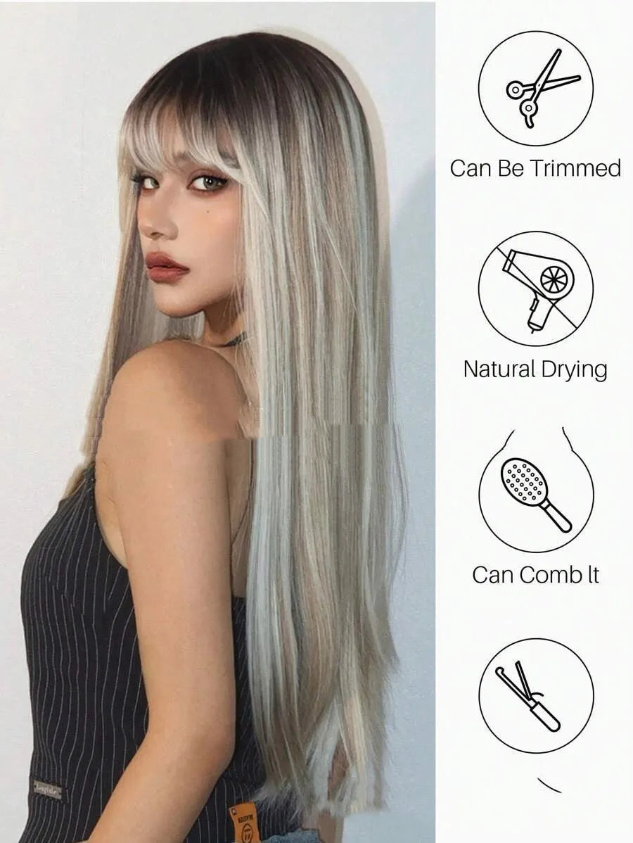 Head dyed long straight hair high-temperature fiber wig in colour LC1073-1 with Qi bangs