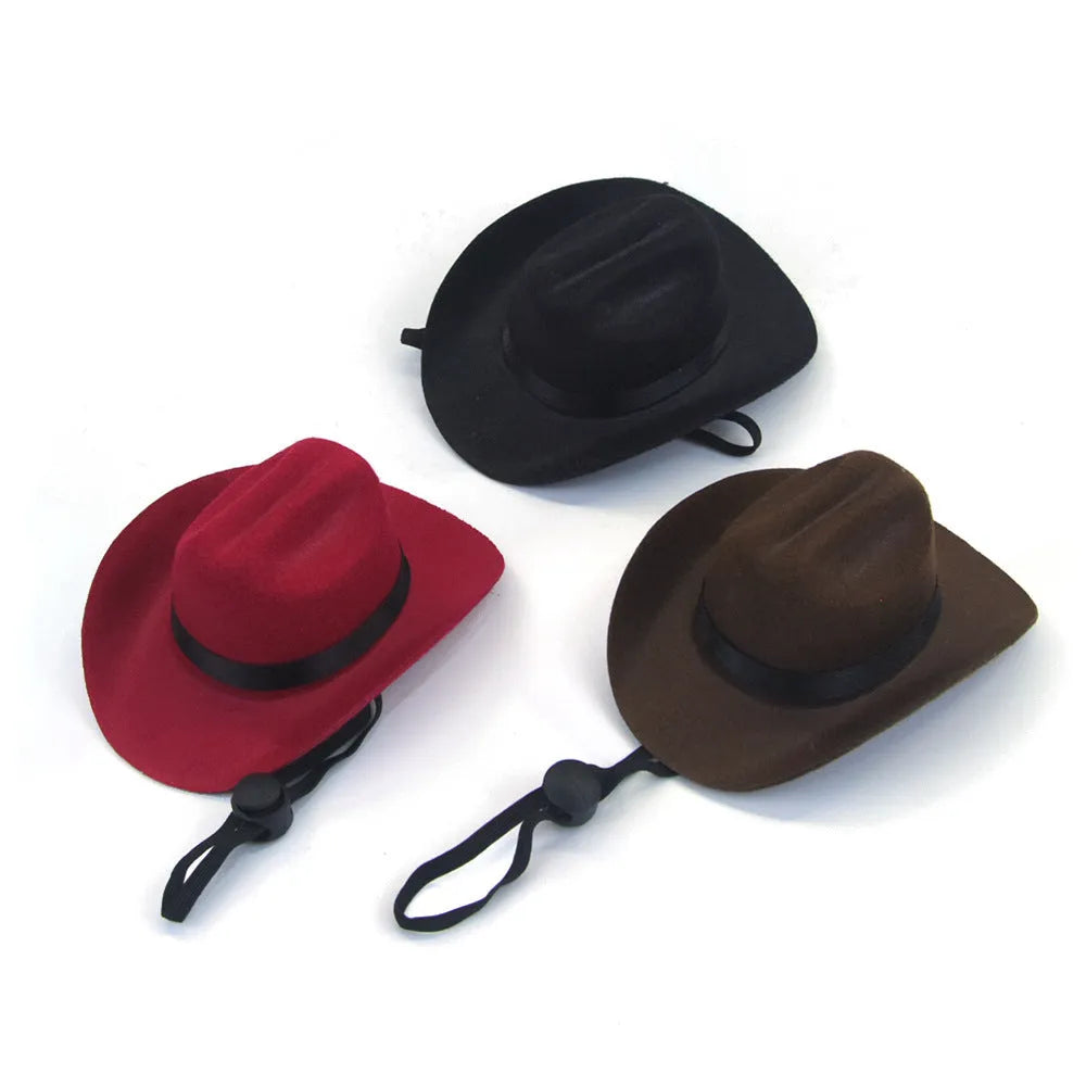 Adjustable pet cowboy hat headgear shown in four colours with size measurements for dog and cat costume use