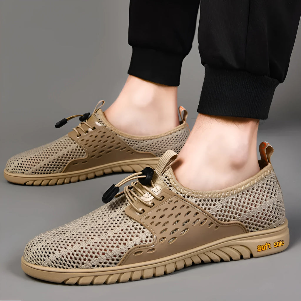 Men's mesh casual sports shoes in three colour options showing breathable construction and elastic band design