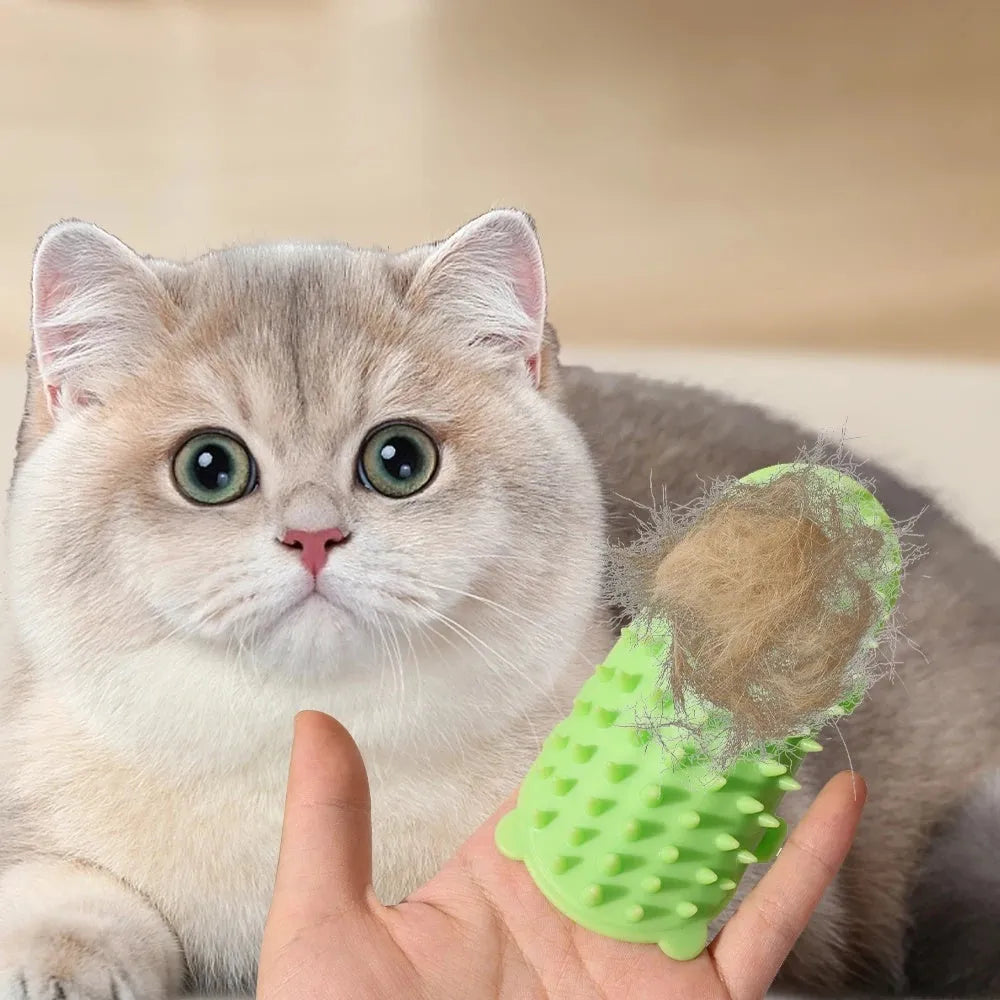 Silicone cat scratching comb with rounded teeth and adjustable strap in black, green, pink, or yellow colour.