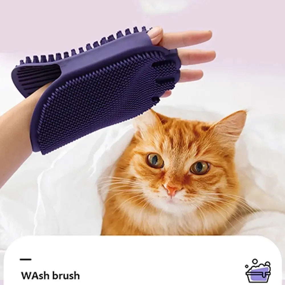 Purple dual-sided pet shampoo brush with soft TPR bristles for dog and cat bathing
