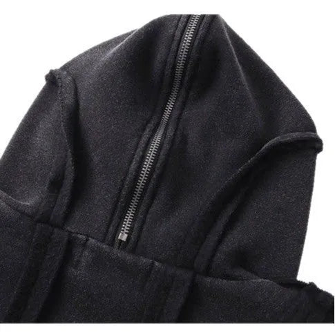 Black men's loose-fit padded cotton hooded cardigan coat with zip front and abstract pattern.